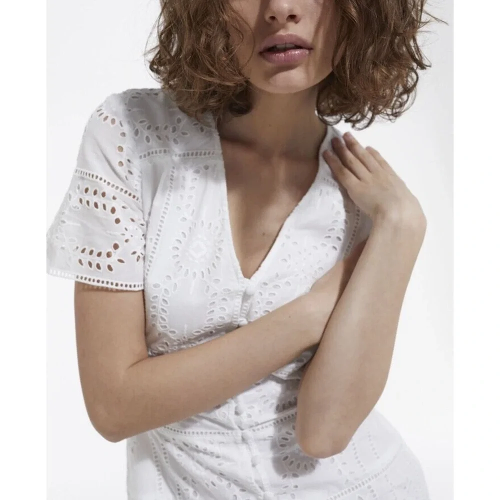 NWT The Kooples [ Size 1 ] Flower Embroidery Button Down Short Dress White #6971